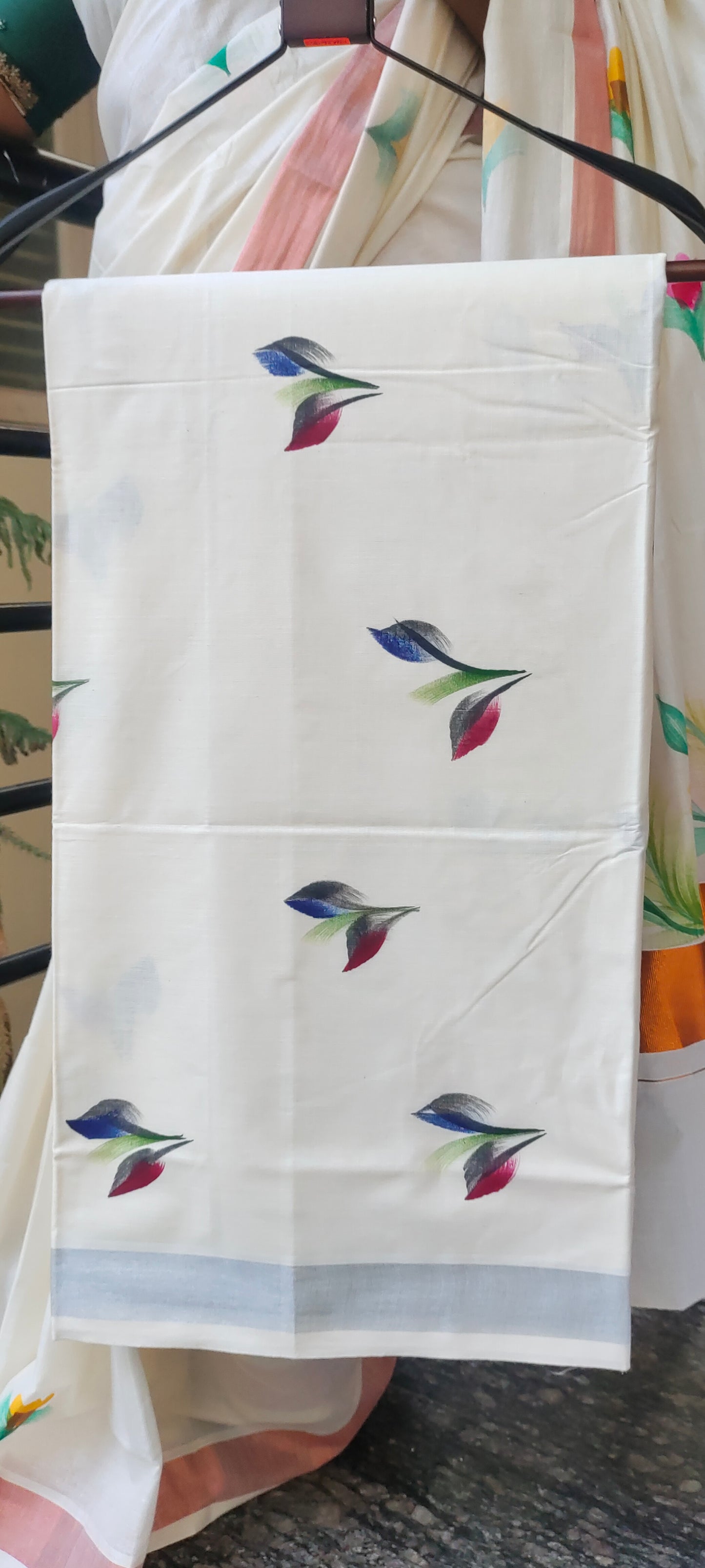 Rupali hand printed pure cotton silk saree silver zari