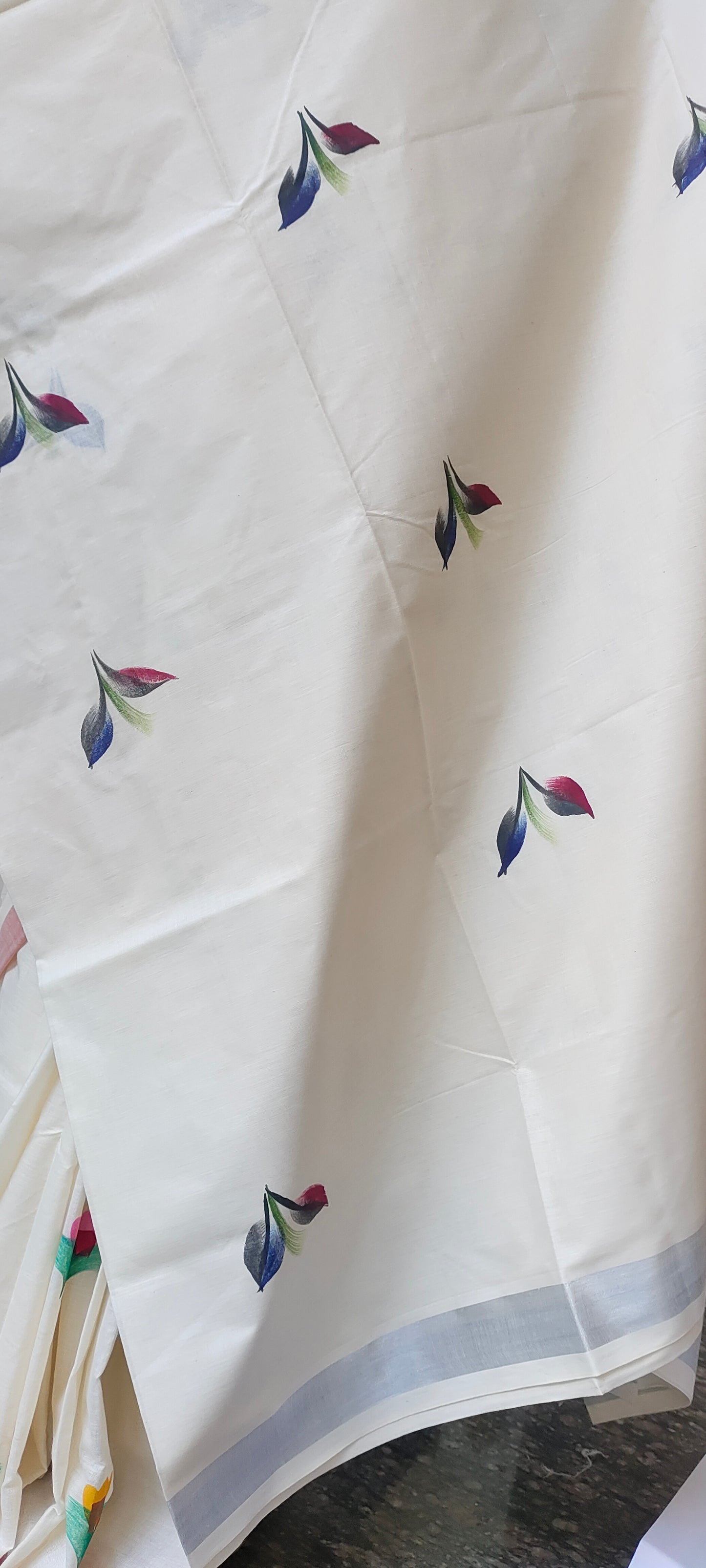 Rupali hand printed pure cotton silk saree silver zari