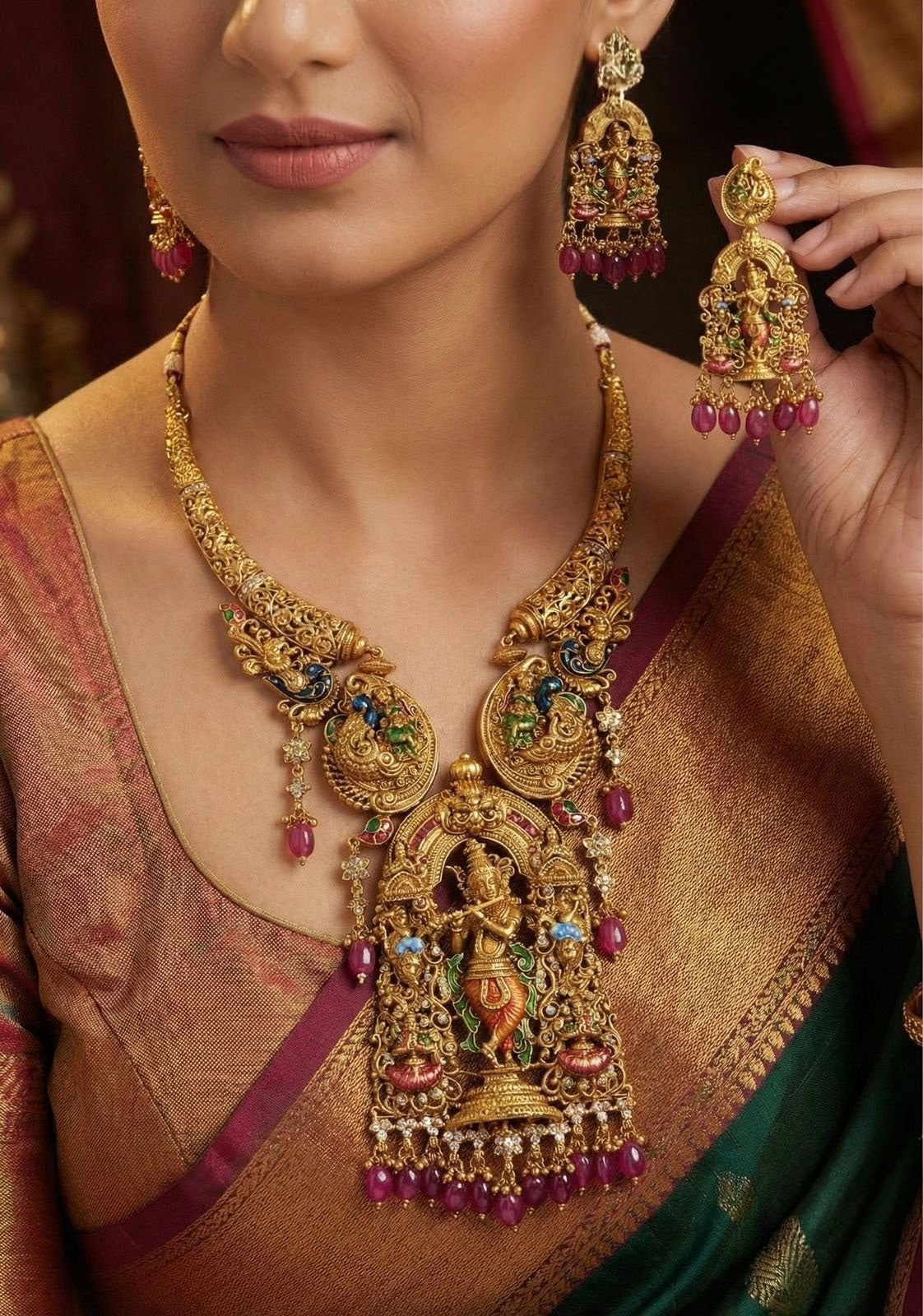 Brass Metal Kemp Stone Laminate Enamel Krishna Necklace Set