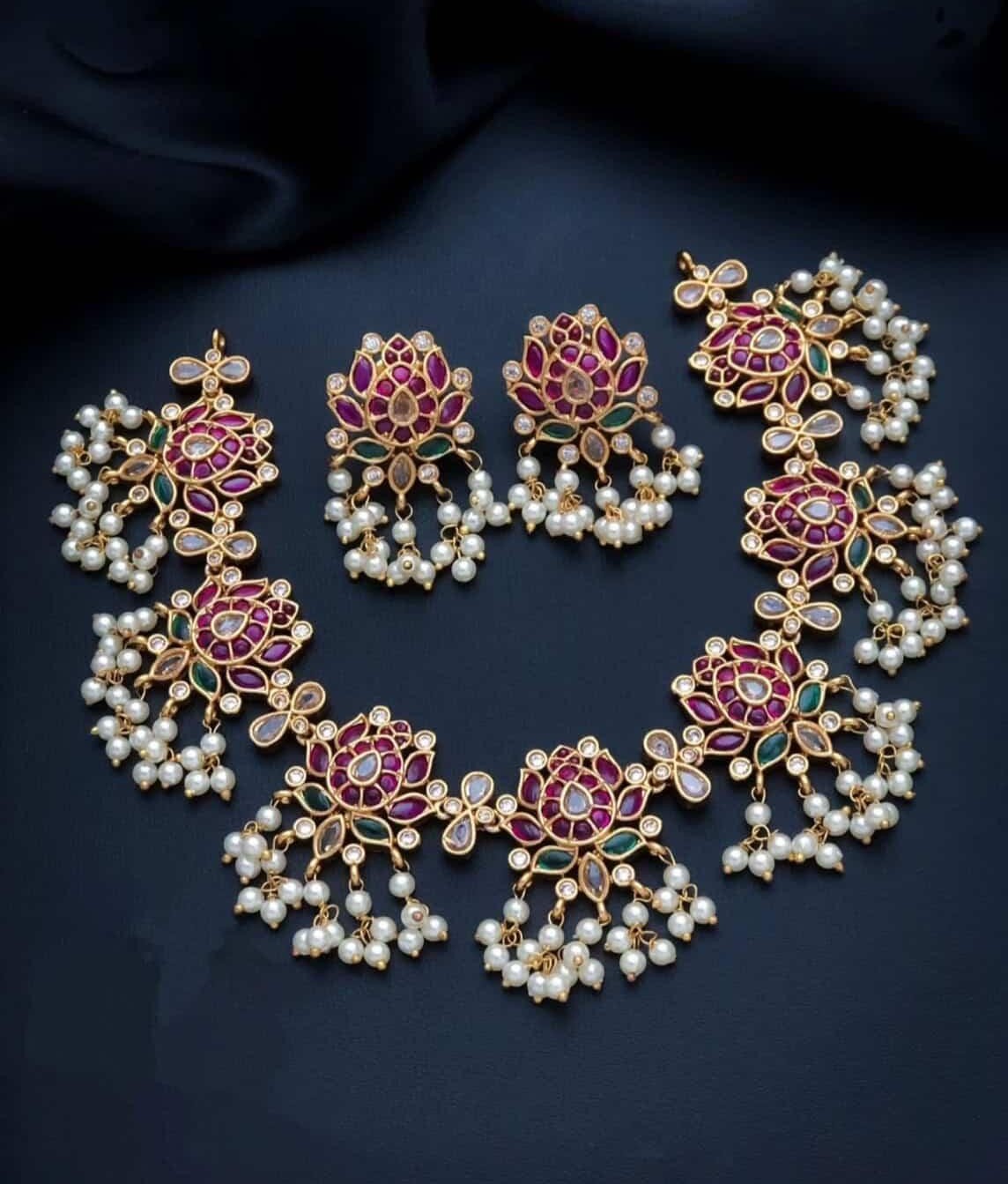 Lotus with pearl Hanging Necklace