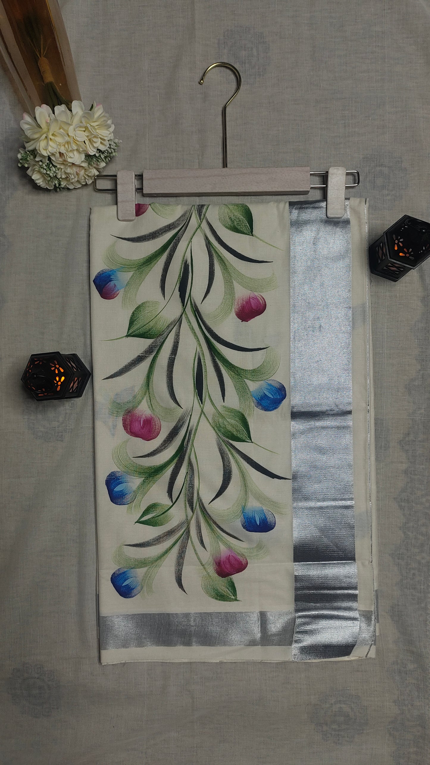 Rupali hand printed pure cotton silk saree silver zari