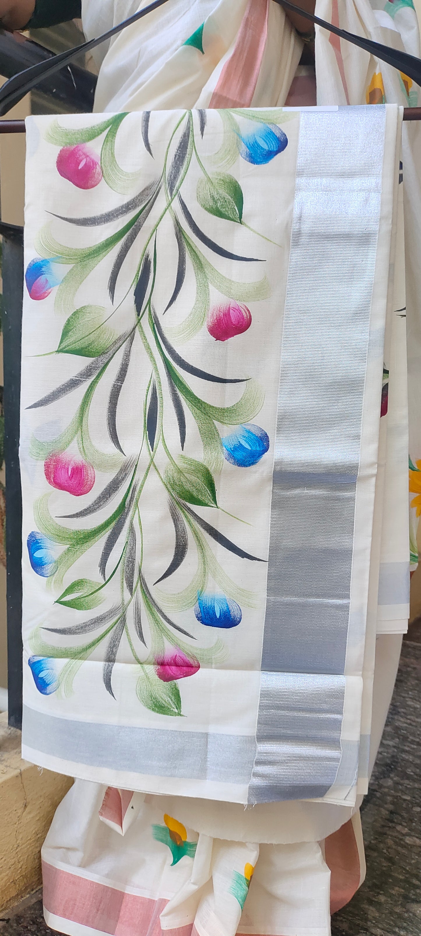 Rupali hand printed pure cotton silk saree silver zari