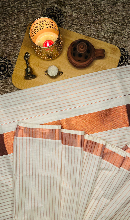 Kupram Kerala Set Saree - lines design copper kasavu