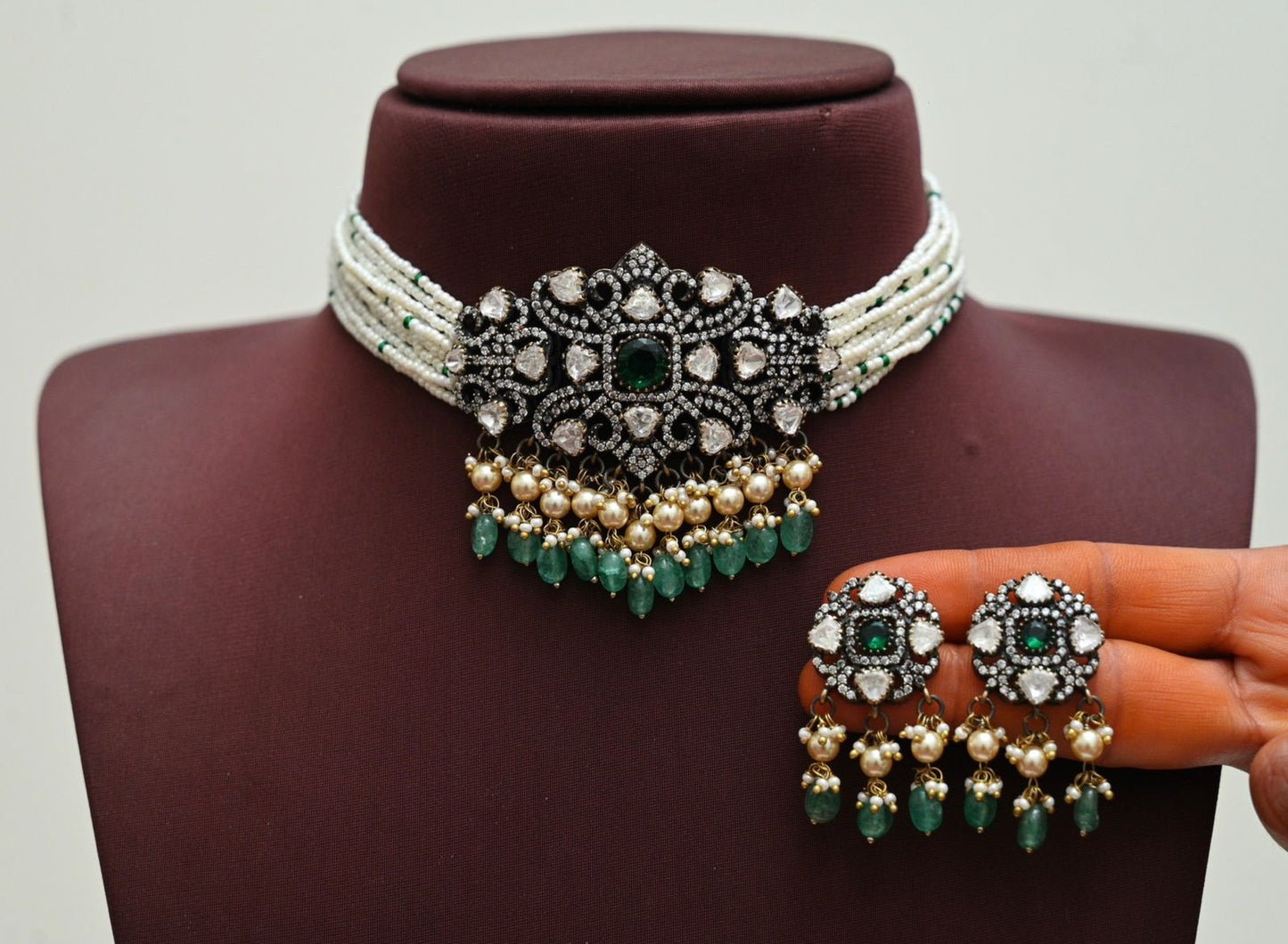 White Beads and Green Stone choker