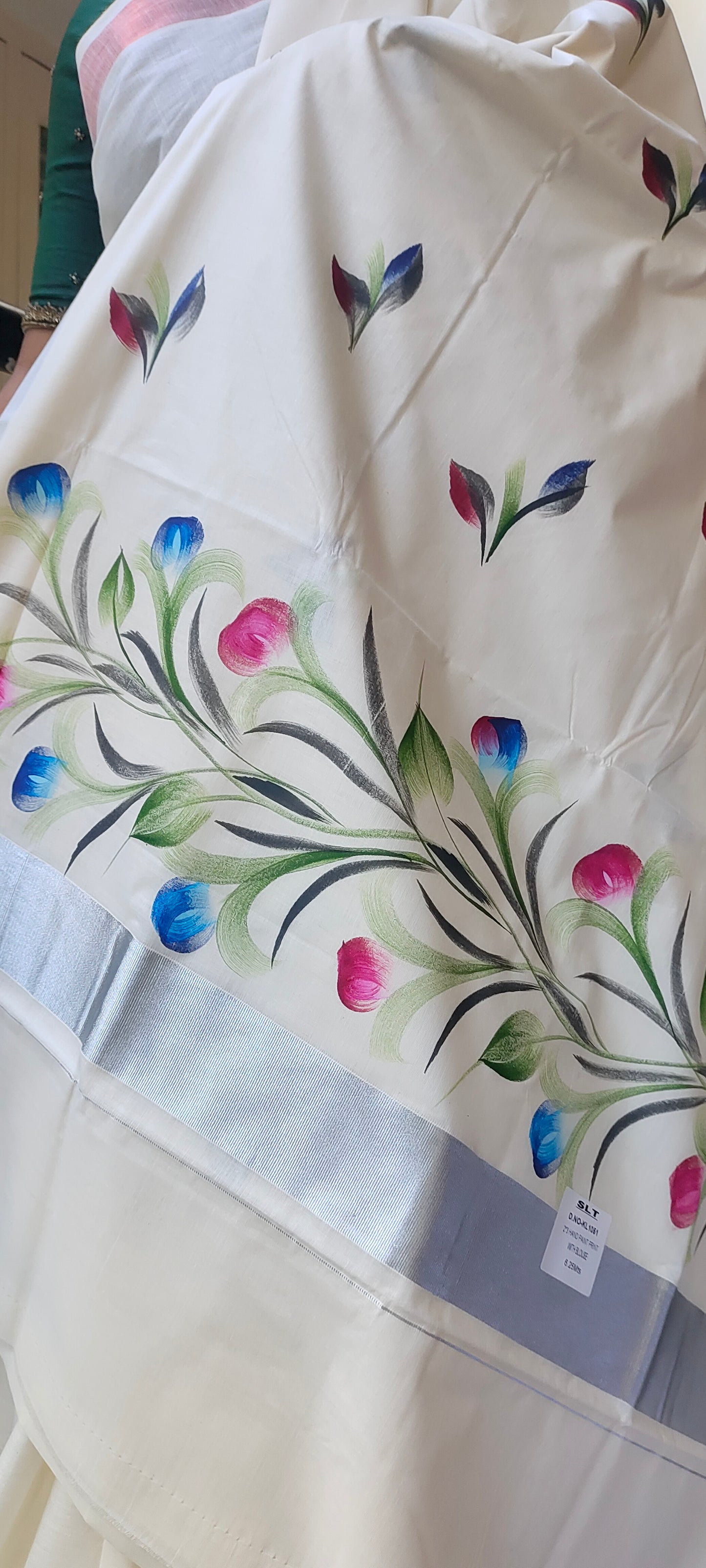 Rupali hand printed pure cotton silk saree silver zari