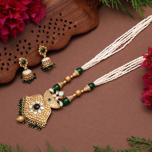 Green Color Meena Work Matte Gold Rajwadi Temple Necklace Set