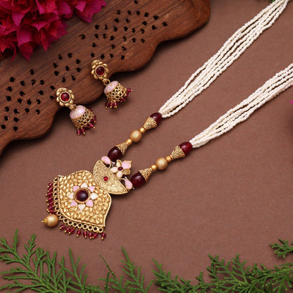 Maroon Color Meena Work Matte Gold Rajwadi Temple Necklace Set