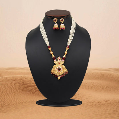 Maroon Color Meena Work Matte Gold Rajwadi Temple Necklace Set