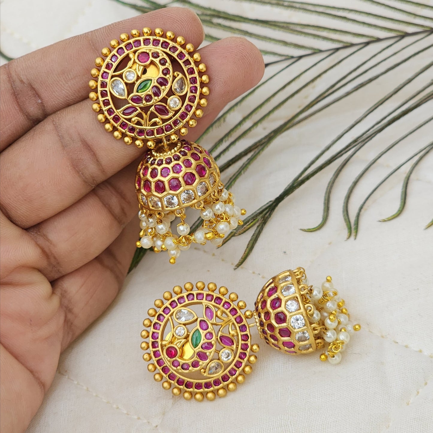 Pink Stone and White pearl Peacock Jhumka