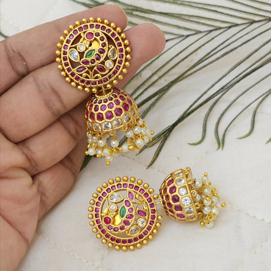 Pink Stone and White pearl Peacock Jhumka