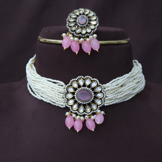 Premium Choker set with pink beads-TE1462