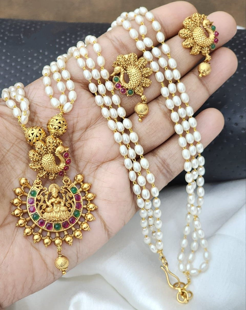 Beautiful Pearl Chain Lakshmi Devi Pendant Set-TE1464