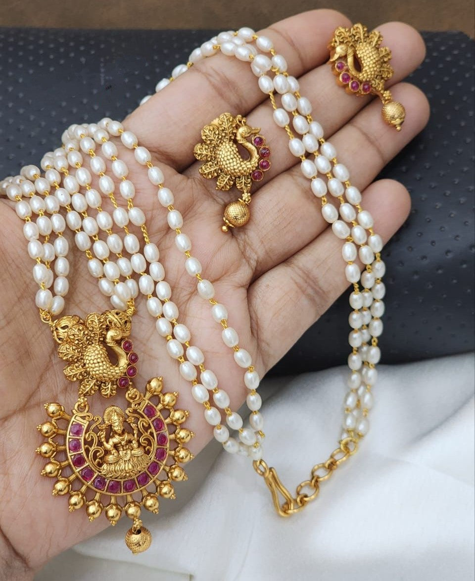 Beautiful Pearl Chain Lakshmi Devi Pendant Set-TE1464