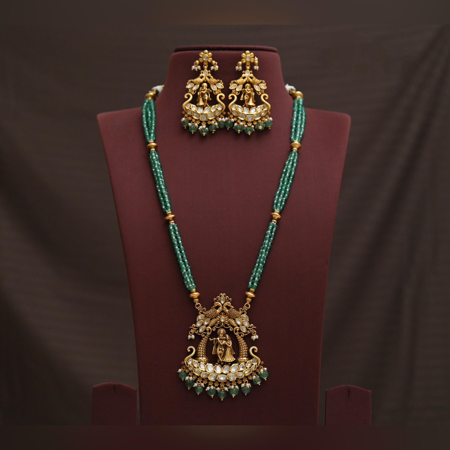 Beautiful Green Beads Krishna Long Haram-TE1521