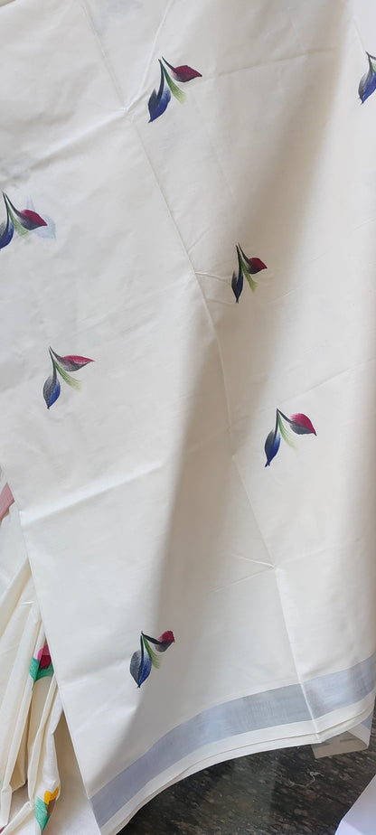 Rupali hand printed pure cotton silk saree silver zari