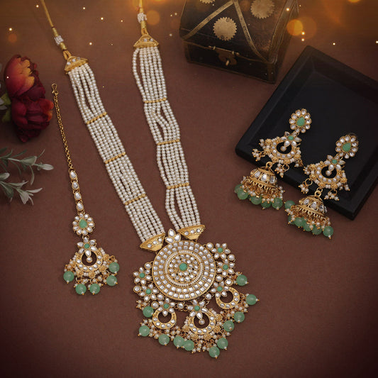 Pista Green Color Long Kundan Necklace Set