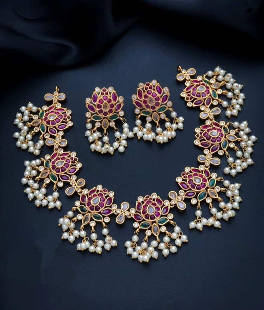 Lotus with pearl Hanging Necklace