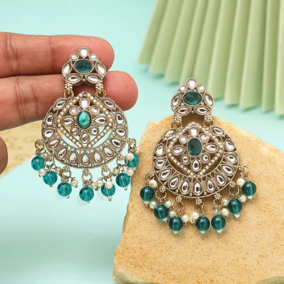 Rama Green Colour Kundan Earrings