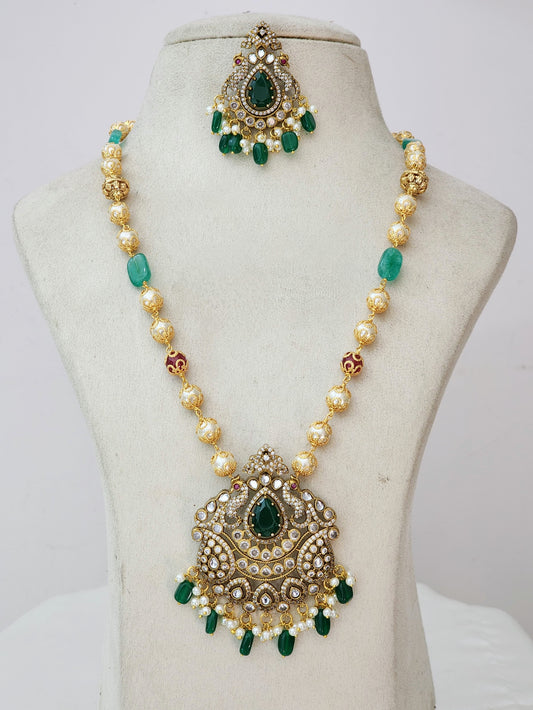 Green Kundan Long Haram Set