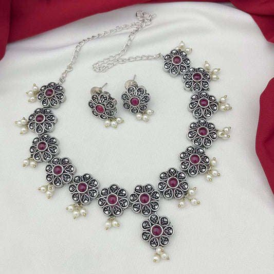 Oxidized Pearl German Silver Stone Studded Jewellery Necklace Set