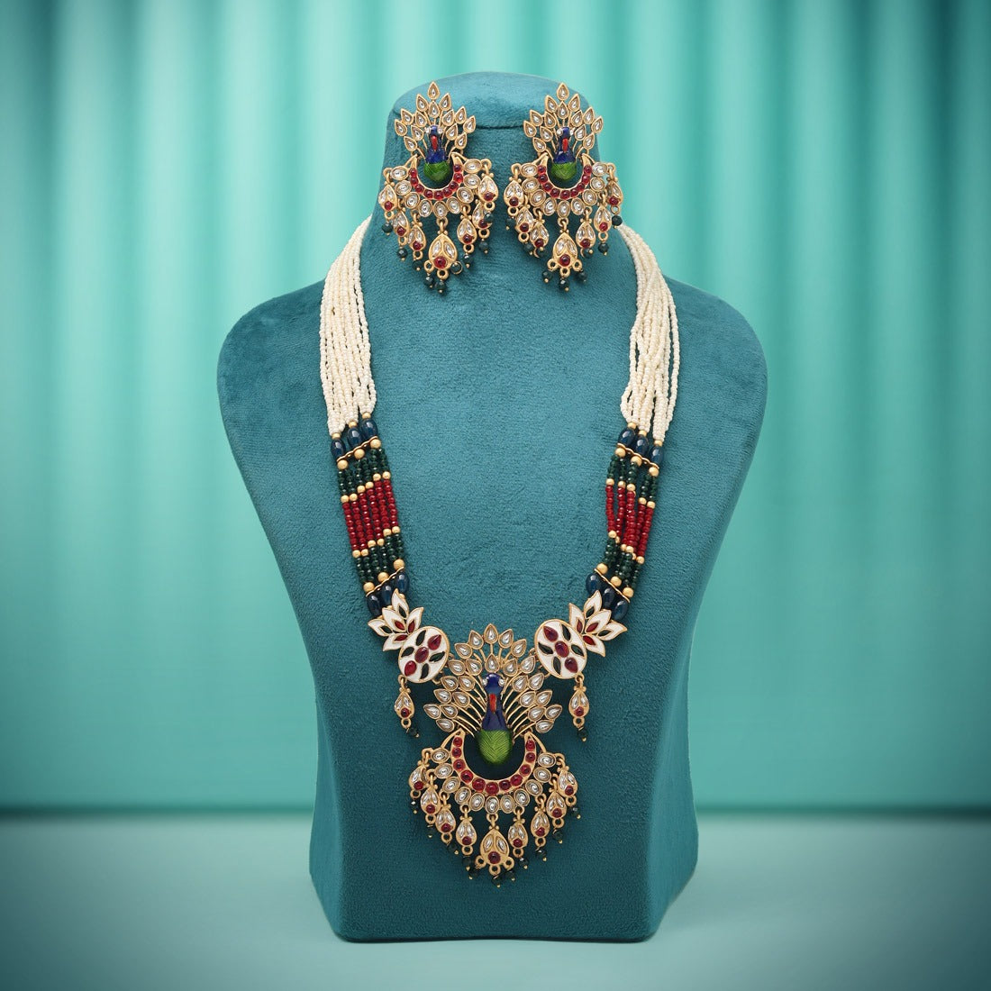 Peacock inspired meenakari matte gold necklace set