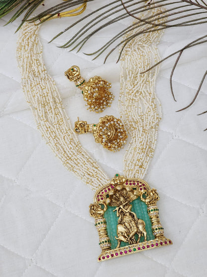 Long Krishna Gold Plated Stone Necklace Set