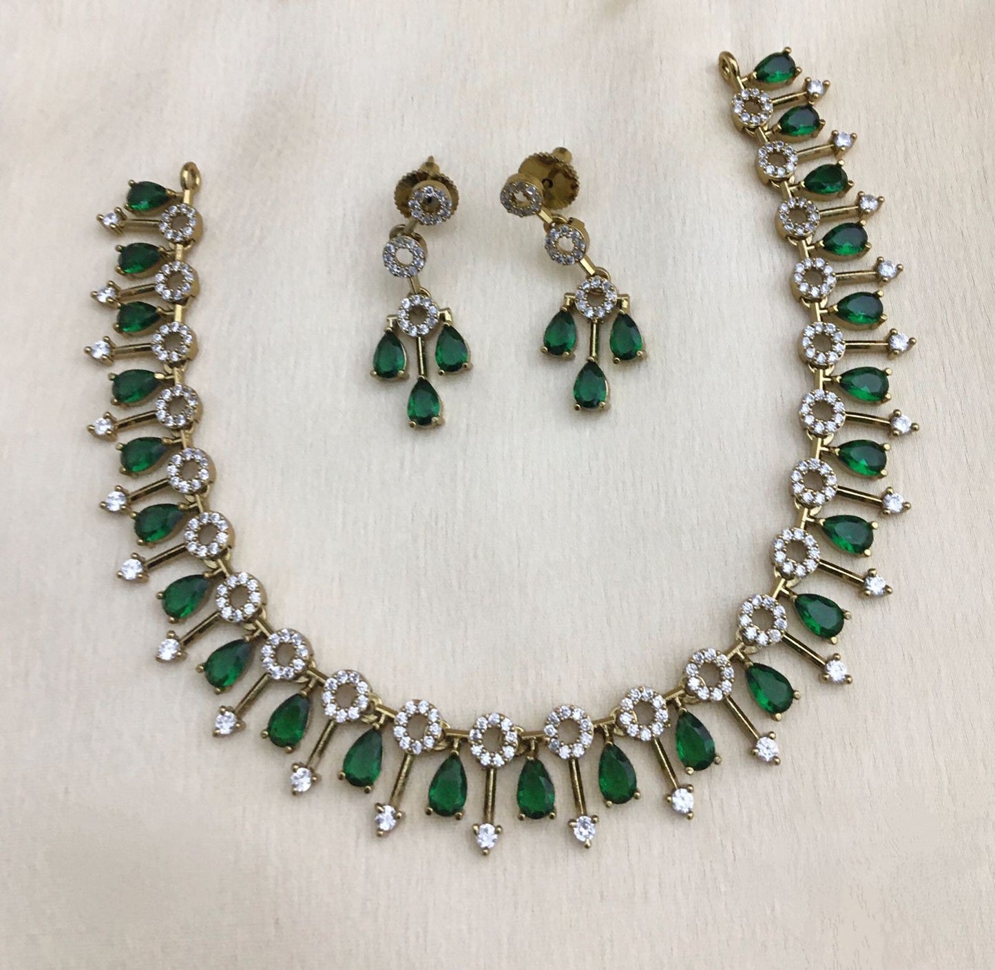 Green Colour American Diamond Necklace Set