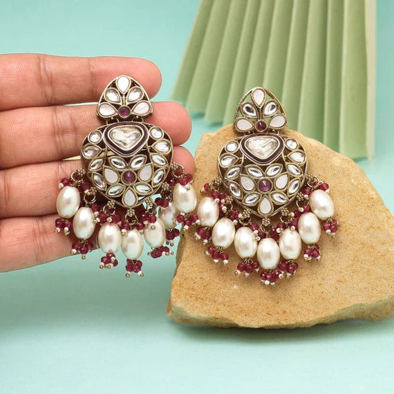 Magenta Colour Kundan Earrings