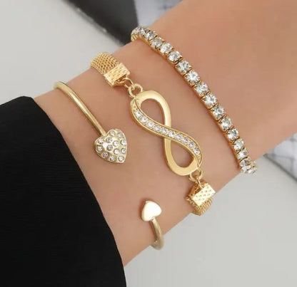 Diamond Crystal Heart Pendant & Charm Bangle Bracelet-3-Piece-TE320