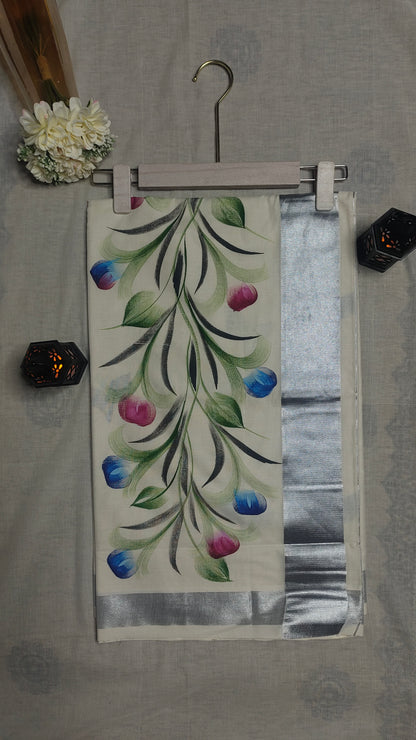 Rupali hand printed pure cotton silk saree silver zari