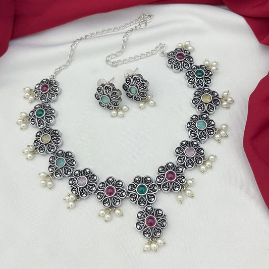 Oxidized Pearl German Silver Stone Studded Jewellery Necklace Set