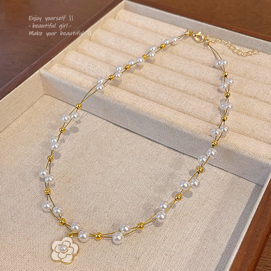 French Style Pearl Camellia Necklace-TE214