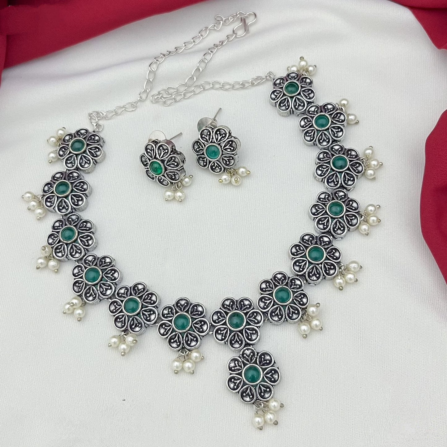 Oxidized Pearl German Silver Stone Studded Jewellery Necklace Set