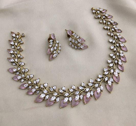 Leaf Design White and light Pink Stone Necklace