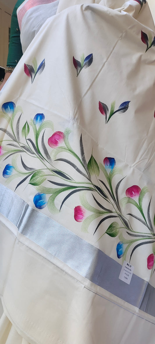 Rupali hand printed pure cotton silk saree silver zari