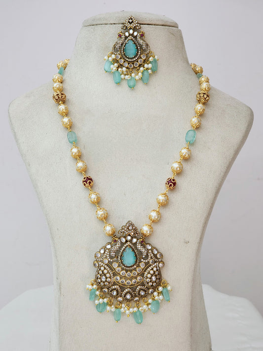 Sky Blue Kundan Long Haram Set